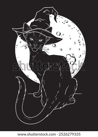 Black cat with pointy witch hat line art and dot work. Witch familiar spirit, halloween or pagan witchcraft theme tapestry print design vector illustration