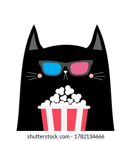 Black cat and popcorn. Cinema theater. Cute cartoon funny character. Film show. Kitten watching movie in 3D glasses. Kids print for tshirt notebook cover. White background Isolated Flat design. Vector