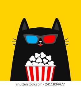 Black cat and popcorn. Cinema theater. Kitten watching movie in 3D glasses. Cute cartoon kawaii funny character. Film show. Kids sticker print for tshirt. Flat design. White background. Vector