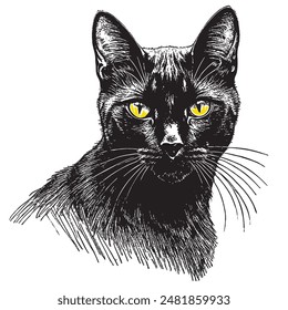 Black cat portrait with yellow eyes. Black and white pencil drawing.