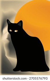 Un gato negro posa ante un sol de gran tamaño.