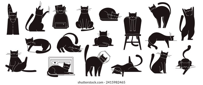 Gato negro posa. Cuidados gatitos sentados y caminando, divertidos y esponjosos gatos domésticos en diferentes poses y posiciones. Gatos de dibujos animados aislados conjunto de dibujos de gatos lindos