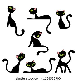 Black Cat Poses Set Vector Illustration Isolated on White