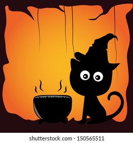 a black cat preparing a soup for halloween