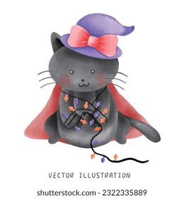 Gato negro preparando una poción de bruja para Halloween.