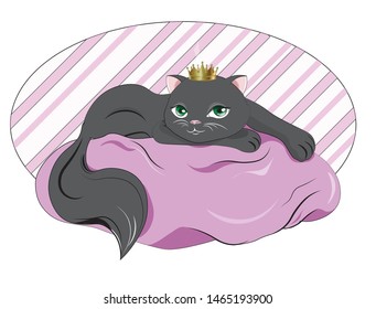 black cat princess with crown, lies on a pink pillow