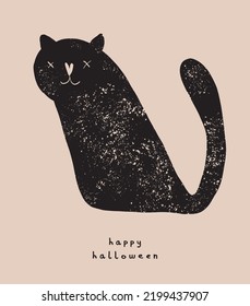 Black Cat Print. Funny Vector Illustration with Black Creepy Kiity and Handwritten Happy Halloween. Simple Grunge Halloween Print ideal for Card, Poster, Wall Art.