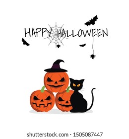 black cat pumpkin abd bat.Halloween concept flat vector illustration.