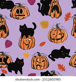 Black cat and pumpkin with autumn leaf Halloween day background seamless pattern