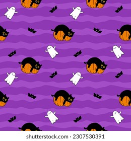Black cat and pumpkin cartoon so cute. On ghost bat purple background. Happy Halloween. Pattern seamless vector illustration.
