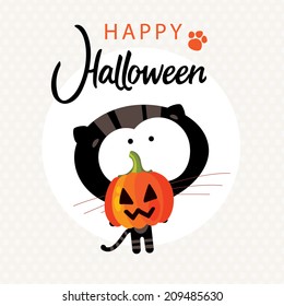 Black cat with pumpkin. Cartoon vector illustration. "Happy Halloween" greeting card.