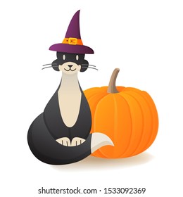 Black cat with pumpkin. Design element halloween holiday banner. Isolated on a white background.Realistic vector illustration.