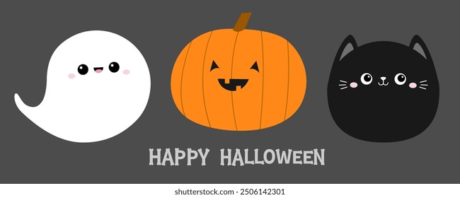 Gato negro, calabaza, espíritu fantasma, con cara sonriente. Feliz Halloween. Conjunto de iconos de personaje de bebé divertido kawaii de dibujos animados lindo. Anuncio de línea de estilo infantil. Diseño plano. Fondo negro. Aislado. Vector