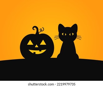 Black cat and pumpkin Halloween background. Vector illustration