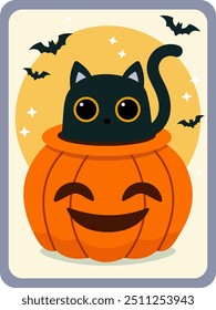 Black cat and pumpkin. Halloween card. Vector flat  illustration.