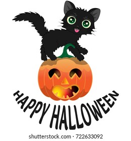Black cat and pumpkin for Halloween with an inscription "Happy Halloween"