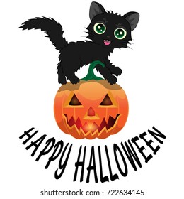 Black cat and pumpkin for Halloween with an inscription "Happy Halloween"