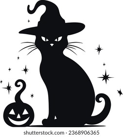 Gato negro con calabaza Halloween Vector Ilustración