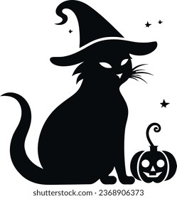 Black Cat With Pumpkin Halloween Vector Illustration