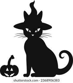 Black Cat With Pumpkin Halloween Vector Illustration