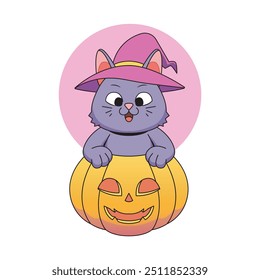 black cat in the pumpkin halloween vector illustration cartoon animal culture flat isolated