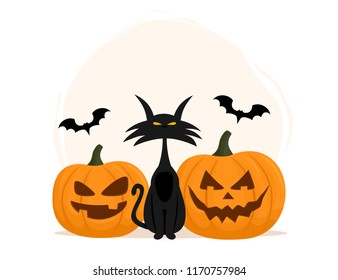 Black cat and pumpkin. Happy Halloween. Vector illustration isolated on white background.