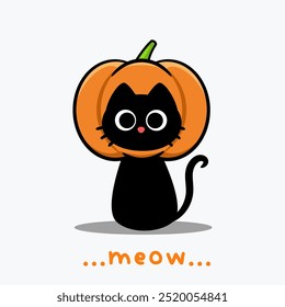 Black cat with pumpkin hat. Isolated Vector Illustration