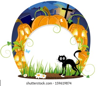 Black cat and pumpkin heads with different facial expressions on cemetery.  Halloween background with round place for text