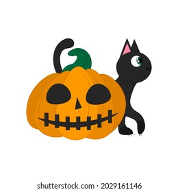  black cat with pumpkin isolated on a white background. object for Halloween. Vector flat illustration. Holiday symbols. 