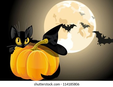 A black cat with pumpkin on a background of the moon