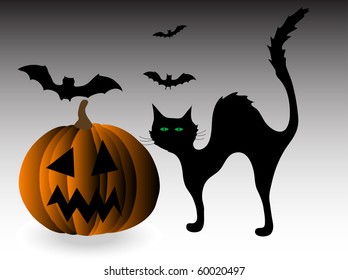 Black cat and pumpkin - vector illustration