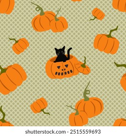 Black cat and pumpkins vector seamless pattern. Hand drawn cute and spooky seasonal autumn Halloween design on dotted green background. Autumn Jack-o-lantern, witch cat and pumpkins