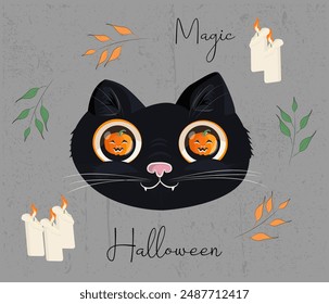 Gato negro con ojos de calabaza. ilustración de Halloween. Fiesta mágica de la oscuridad, gatito espeluznante con colmillos. Vector sobre fondo gris con textura y velas. Diseño para vacaciones y fiesta