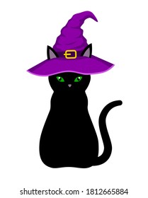 Black cat in a purple witch hat. Cat in a witch hat isolated on a white background. Stock vector illustration. Illustration for the holiday Halloween.