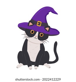 Gato negro con un sombrero de bruja morado aislado en un fondo blanco. Ilustración para afiches, tarjeta de saludo, decoración. Feliz Halloween.