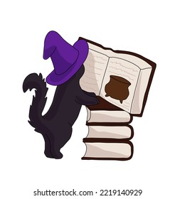 Black cat in a purple witch hat is reading a book with a picture of a cauldron. Vector illustration on a white background