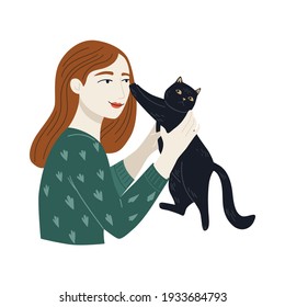 Black Cat pushes off with its paws. Young girl, happy pet owners. Vector cute cheracter design. Cartoon illustration