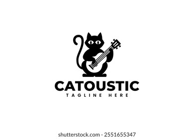 black cat, pussy, kitty playing acoustic guitar silhouette modern logo design template for music instrument and entertainment company business  