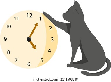 The Black Cat Put Her Paw On The Clock. Grey Cat. Cute Kitten. Illustration Without Background. Large Wall Clock.