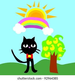black cat rainbow sunshine and tree