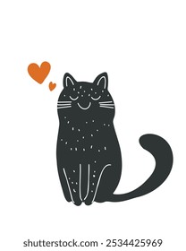 Black cat with a raised tail, drawn in a simple cartoon style, vector illustration for children's books and toys