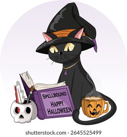 Black Cat Reading Spell Book Wearing Witch Hat with Steaming Pumpkin Mug and Skull Pencil Holder. Cute Happy Halloween Familiar Illustration 