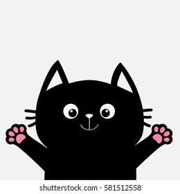 Black cat ready for a hugging. Open hand paw print. Kitty reaching for a hug. Funny Kawaii animal. Baby card. Cute cartoon character. Pet collection. Flat design White background Isolated. Vector