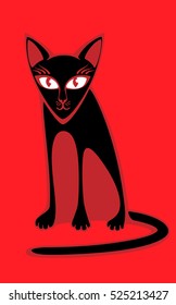 Black cat. Red background. Flat. Cartoon. Caricature. Logo.