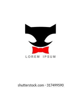 Black cat and Red Bow Tie. Vector logo. Template Emblem business