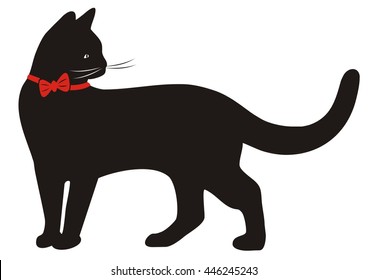 black cat and red bow, vector icon, silhouette