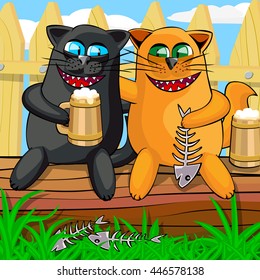 Black cat and red cat drinking beer while sitting on the bench. The cats look happy, keep the mug in his paws and fish skeleton. Cartoon vector illustration with isolated objects.
