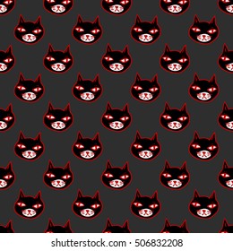 Black cat with red eyes, witches and witchcraft symbol. Halloween seamless pattern