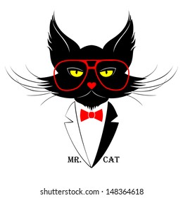 Black Cat in Red Glasses with Bow, Vector Illustration