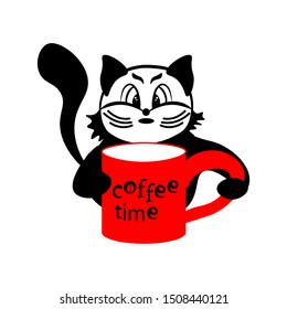 Black cat in red glasses with red Cup on white background  and the inscription coffee time.